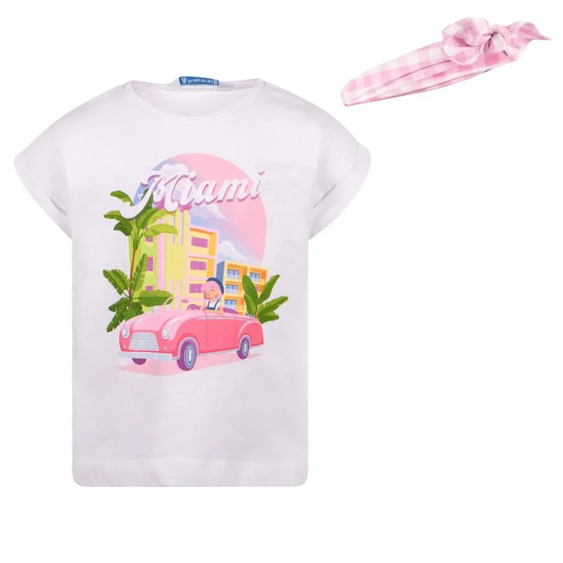 Mayoral - Miami print t shirt and headband set in white and pink